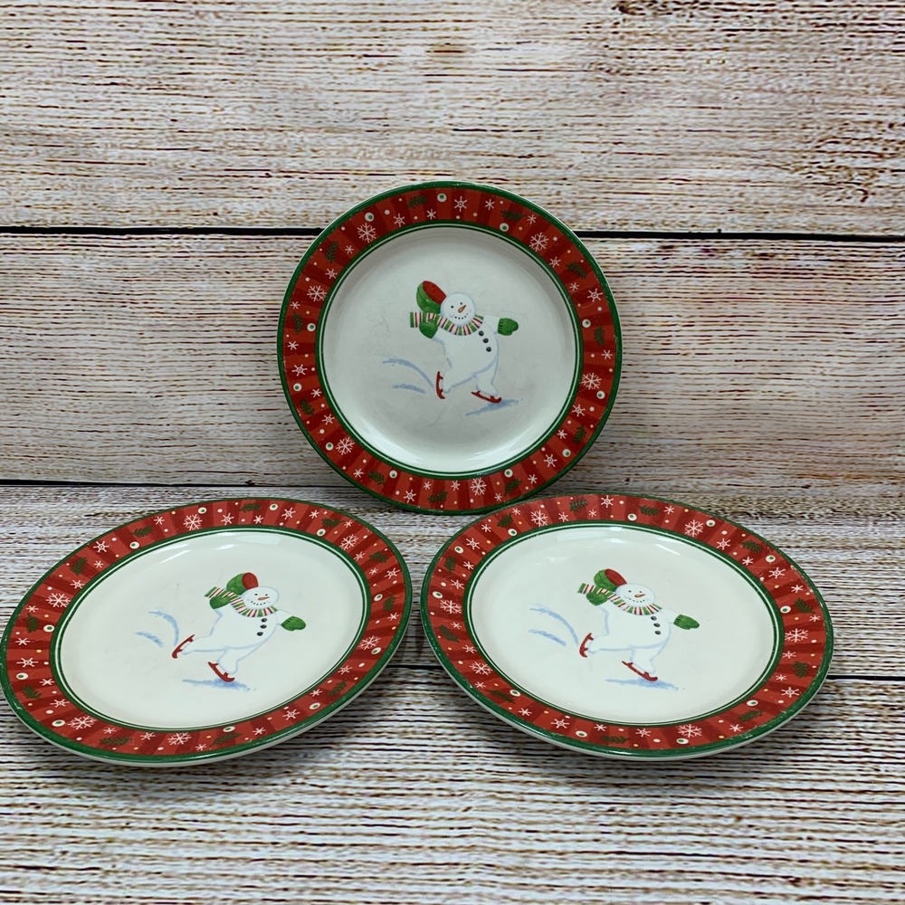 Longaberger Holiday Snowman Plates Set of 3 Christmas Dessert Dishes‎